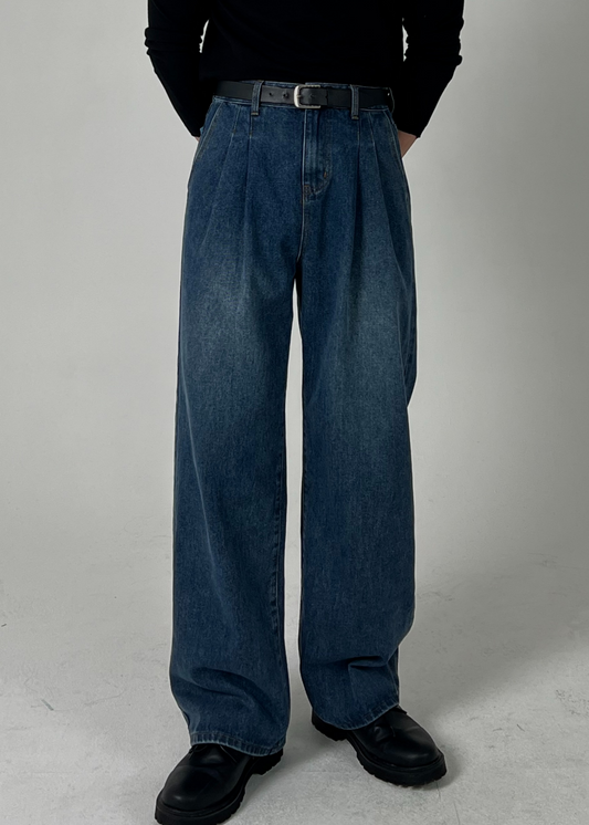Wide Double-Tuck Denim Pants